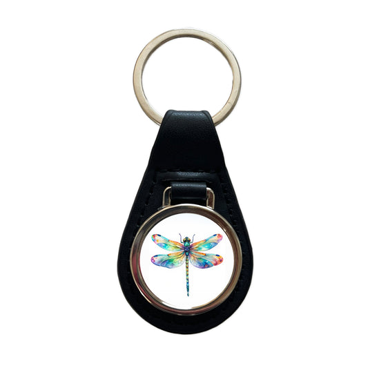Dragonfly Rainbow Watercolor Black Leather Metal Keychain