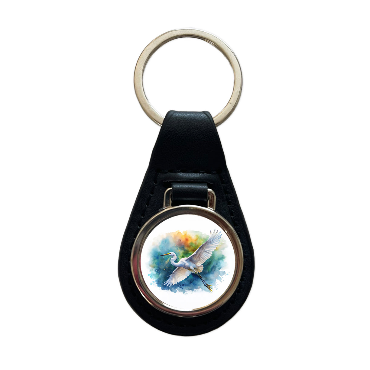 Egret In Flight Watercolor Black Leather Metal Keychain