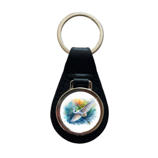Egret In Flight Watercolor Black Leather Metal Keychain