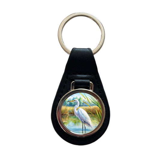 Egret Standing In Marshes Watercolor Black Leather Metal Keychain