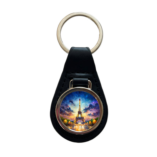 Eiffel Tower At Night Watercolor Black Leather Metal Keychain
