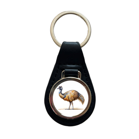 Emu Standing Watercolor Black Leather Metal Keychain