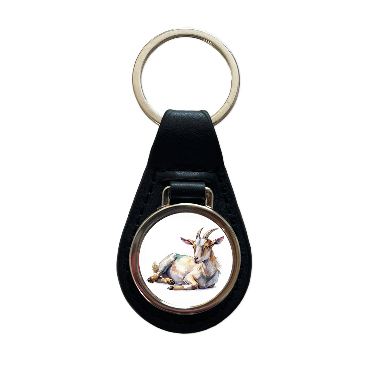 Fainting Goat Lying On Its Side Watercolor Black Leather Metal Keychain