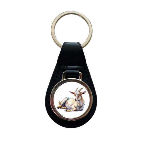 Fainting Goat Lying On Its Side Watercolor Black Leather Metal Keychain