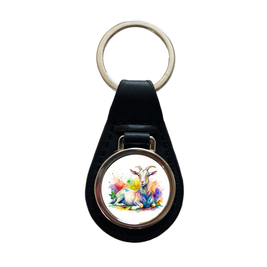 Fainting Goat Rainbow Colorful Watercolor Black Leather Metal Keychain