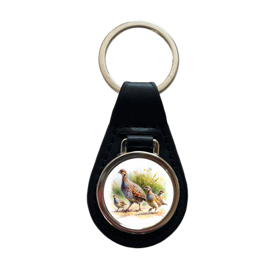 Family Of Partridges Running Watercolor Black Leather Metal Keychain