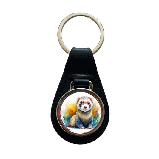 Ferret Colorful Watercolor Black Leather Metal Keychain