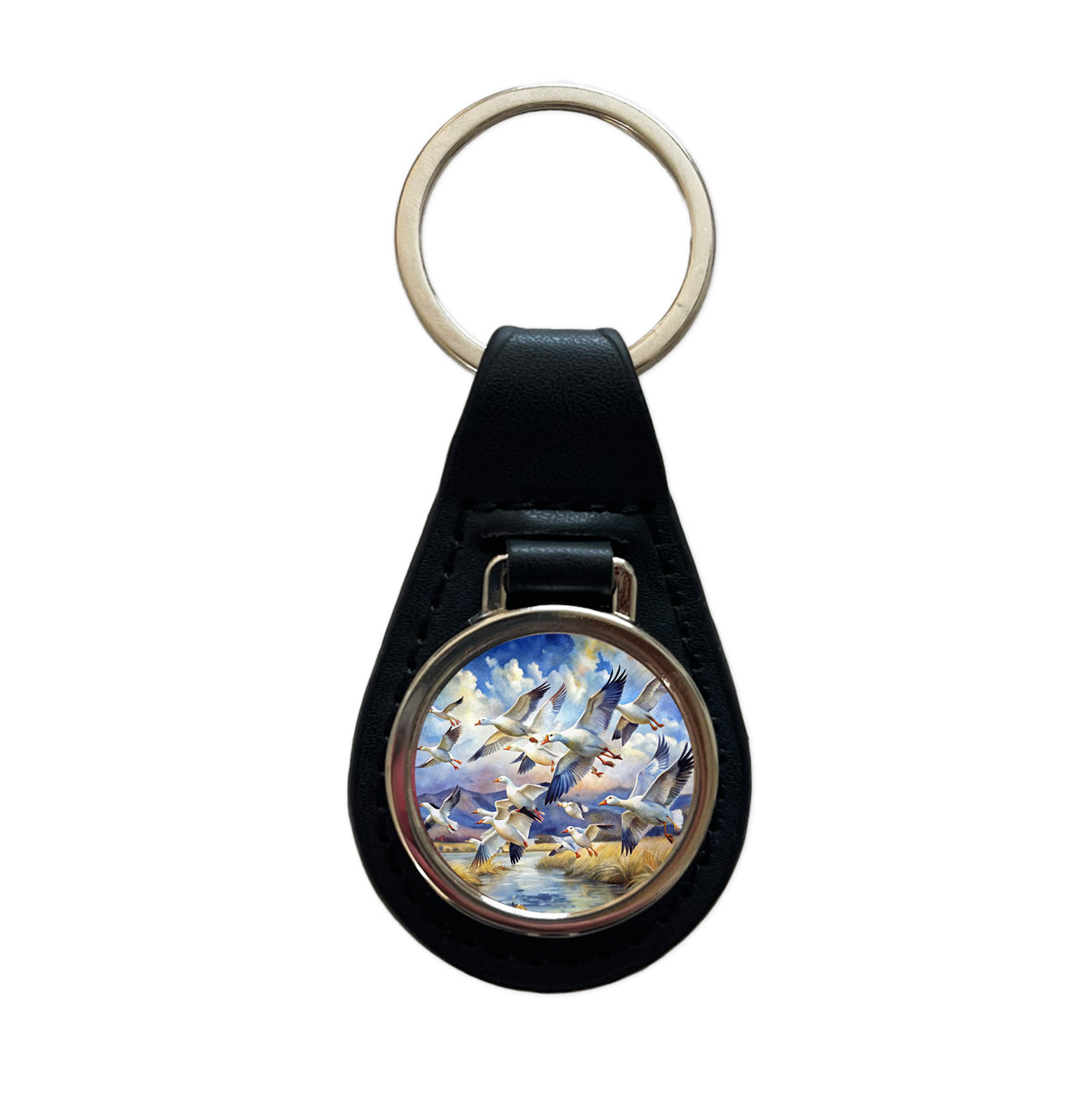 Flock Of Snow Geese In Flight Watercolor Black Leather Metal Keychain