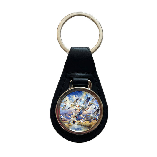 Flock Of Snow Geese In Flight Watercolor Black Leather Metal Keychain