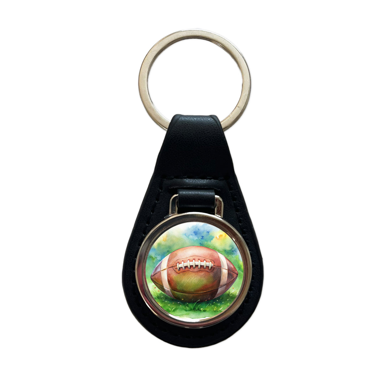 Football Ball On Field Watercolor Black Leather Metal Keychain