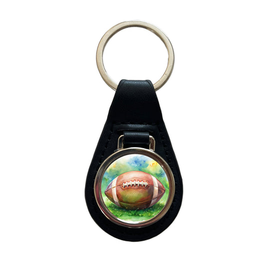 Football Ball On Field Watercolor Black Leather Metal Keychain