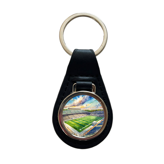 Football Game Field As Seen From Stadium Stands Watercolor Black Leather Metal Keychain