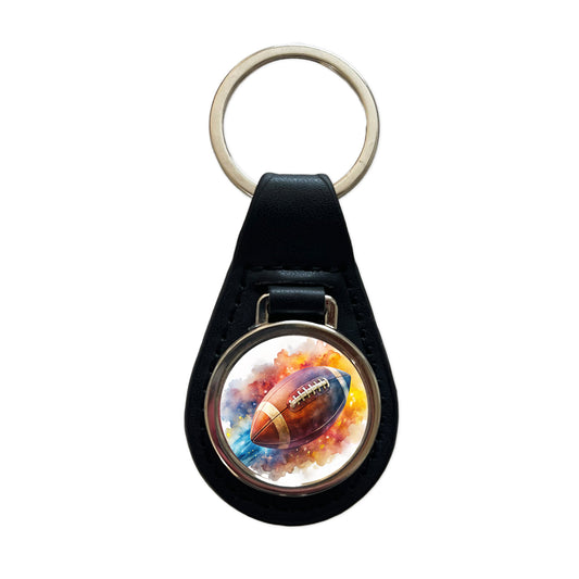 Football Rocketing Through The Air Watercolor Black Leather Metal Keychain
