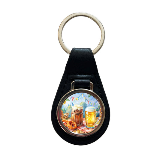 German Oktoberfest Beer Pretzel Watercolor Black Leather Metal Keychain