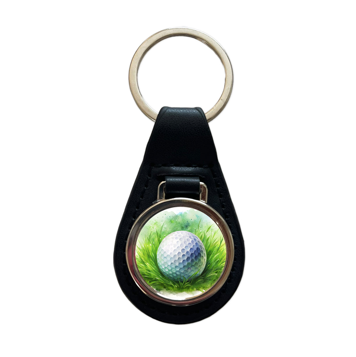 Golf Ball On Grass Watercolor Black Leather Metal Keychain