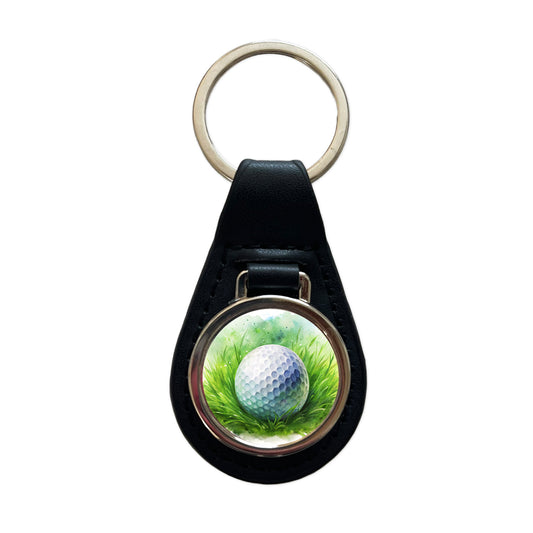 Golf Ball On Grass Watercolor Black Leather Metal Keychain