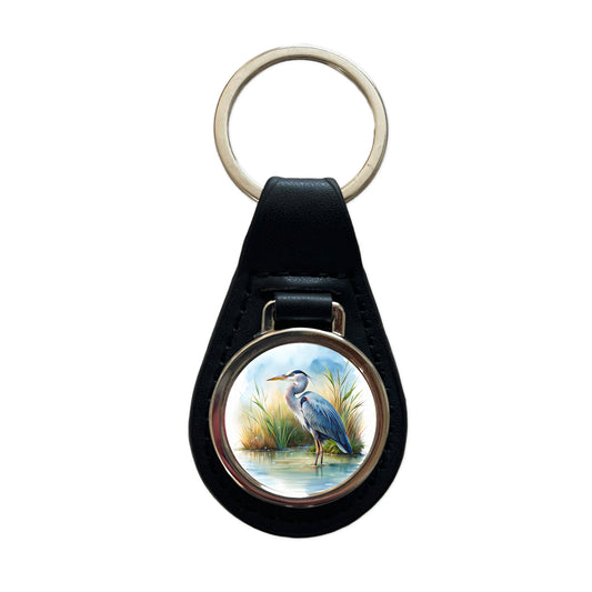 Great Blue Heron Standing In Marsh Pond Watercolor Black Leather Metal Keychain
