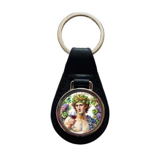 Greek God Bacchus With Wine And Grapes Black Leather Metal Keychain