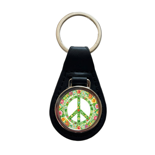 Green Peace Symbol Hippie Floral Watercolor Black Leather Metal Keychain