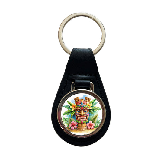Hawaiian Tiki Statue Watercolor Black Leather Metal Keychain