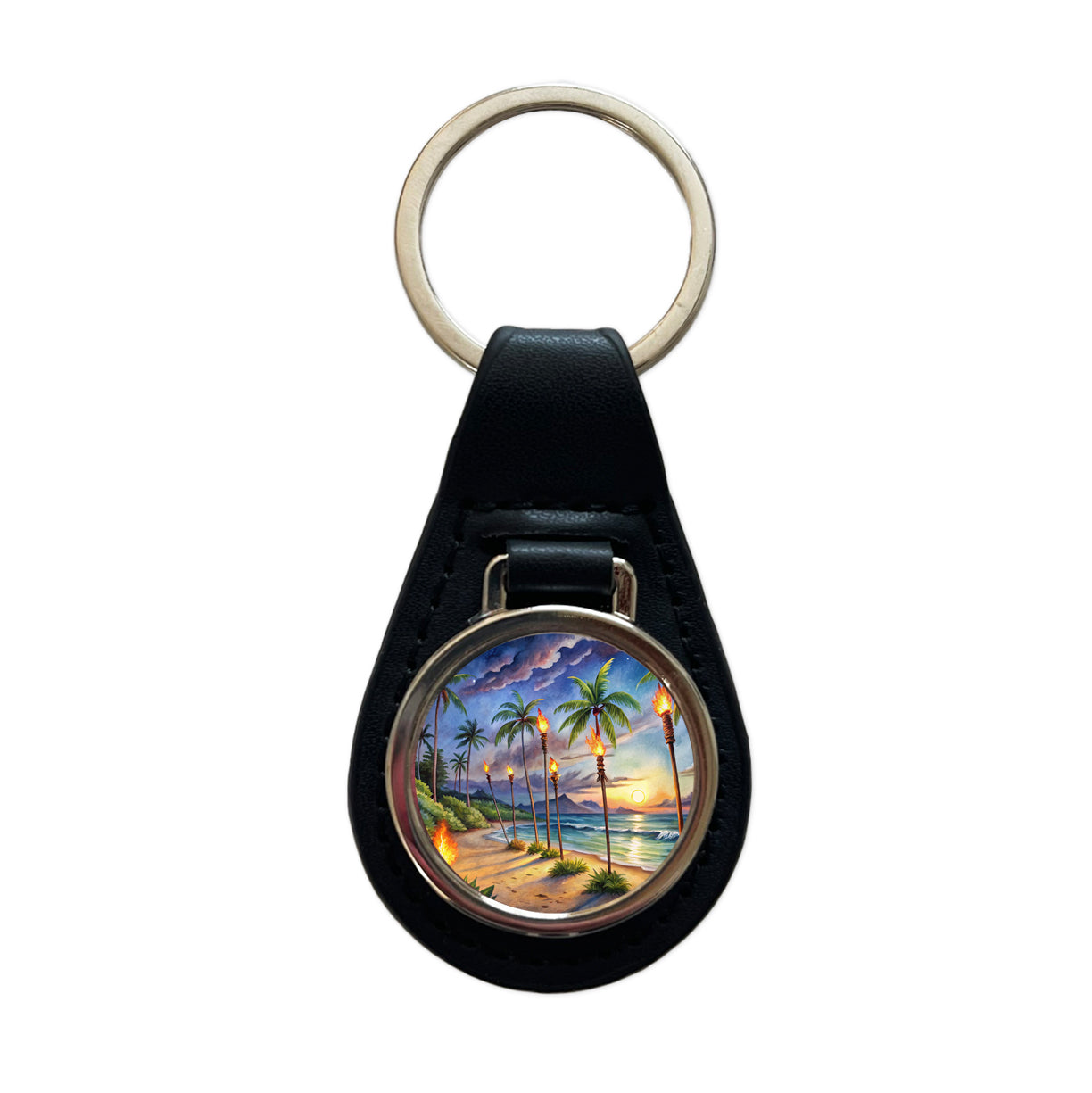 Hawaiian Tropical Beach Scene At Night Lit With Tiki Torches Black Leather Metal Keychain