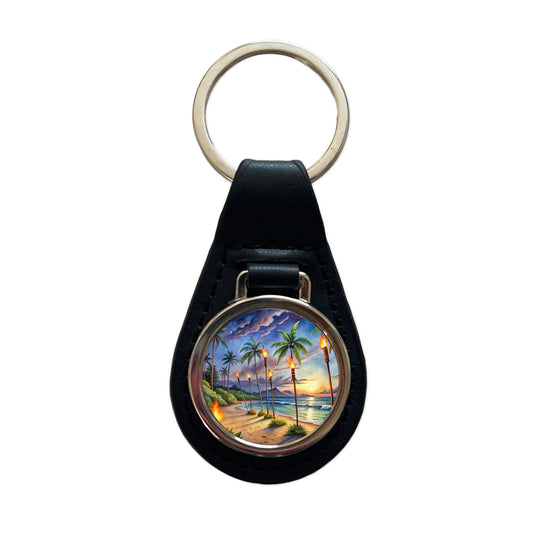 Hawaiian Tropical Beach Scene At Night Lit With Tiki Torches Black Leather Metal Keychain