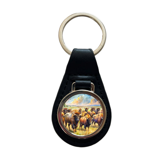 Herd Of Buffalo Bison On The Prairie Watercolor Black Leather Metal Keychain