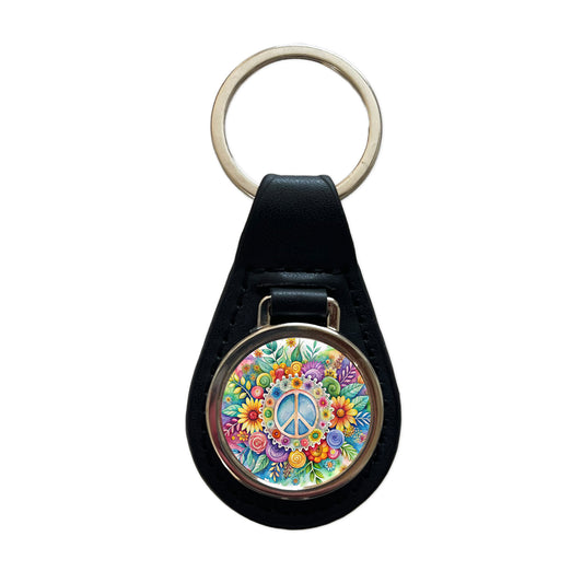 Hippie Peace Symbol Watercolor Black Leather Metal Keychain