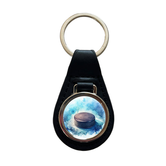 Hockey Puck On Ice Watercolor Black Leather Metal Keychain