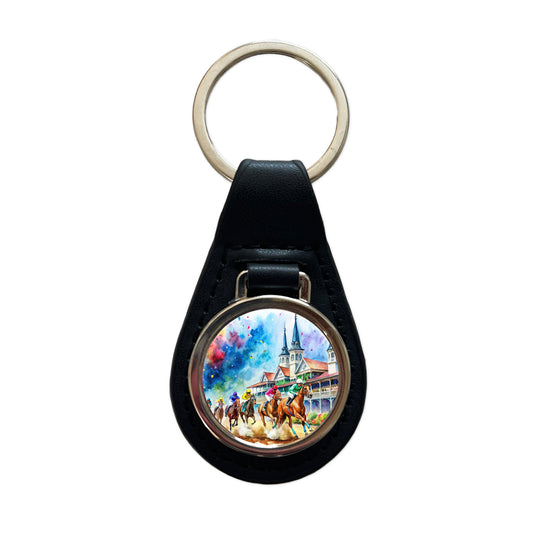 Horse Racing Derby Watercolor Black Leather Metal Keychain