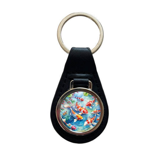 Japanese Koi Pond Scene Watercolor Black Leather Metal Keychain