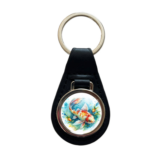 Koi Fish Watercolor Black Leather Metal Keychain