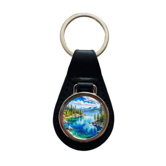 Lake Tahoe California Watercolor Black Leather Metal Keychain
