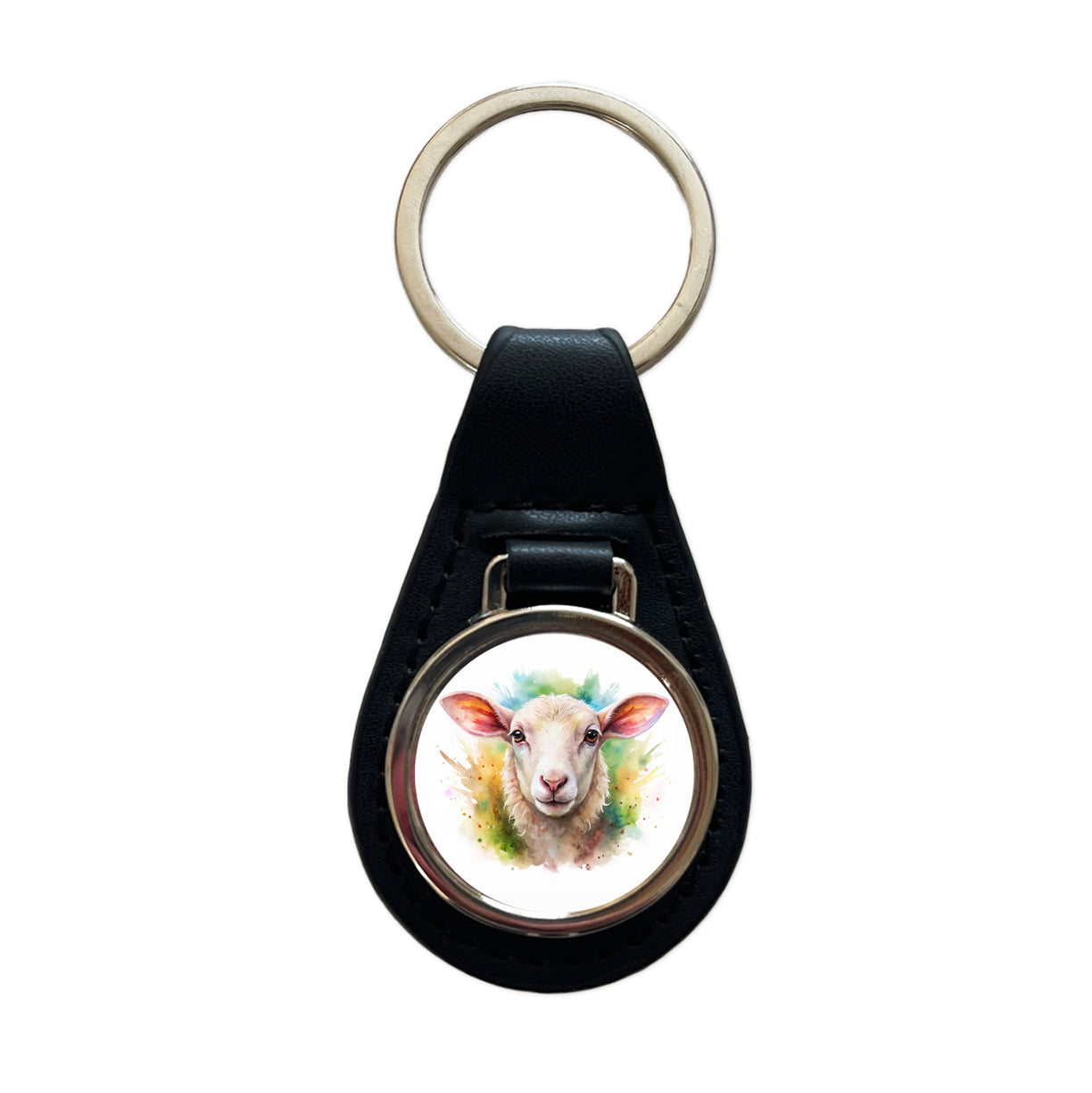 Lamb Face Watercolor Black Leather Metal Keychain