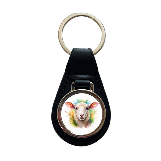 Lamb Face Watercolor Black Leather Metal Keychain