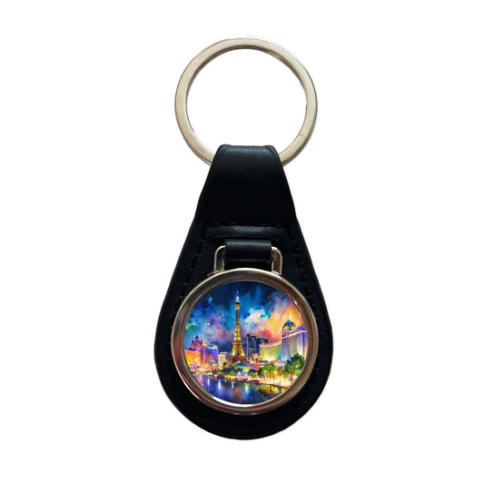Las Vegas Strip At Night Watercolor Black Leather Metal Keychain