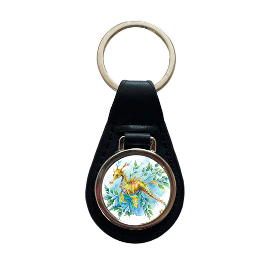 Leafy Seadragon Swimming Watercolor Black Leather Metal Keychain