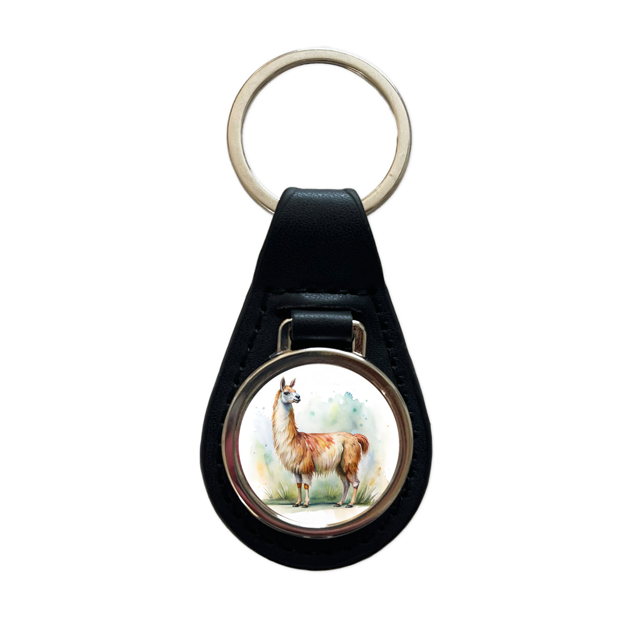 Llama Standing Watercolor Black Leather Metal Keychain