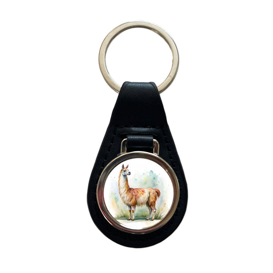 Llama Standing Watercolor Black Leather Metal Keychain