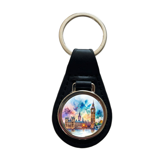 London Big Ben Scene Watercolor Black Leather Metal Keychain