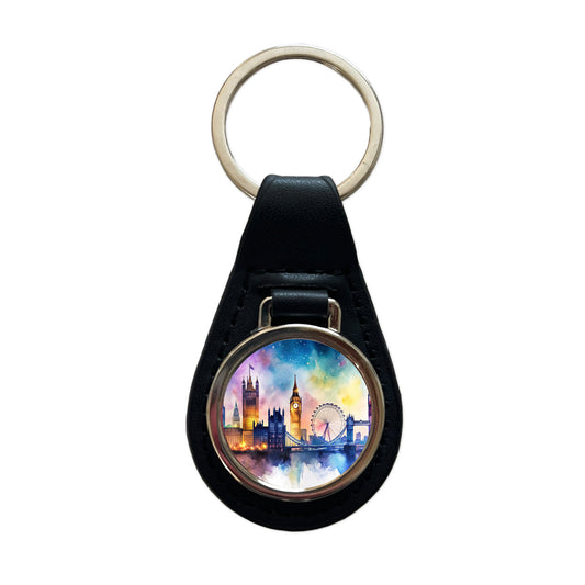 London Skyline At Night Scene Watercolor Black Leather Metal Keychain