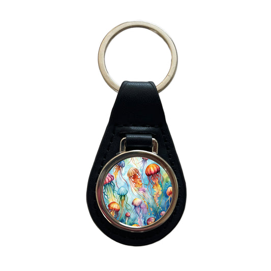 Lots Of Jellyfish Underwater Watercolor Black Leather Metal Keychain