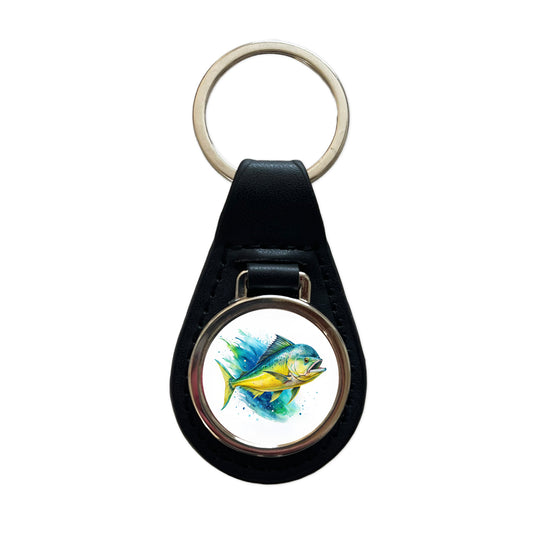 Mahi Mahi Fish Watercolor Black Leather Metal Keychain