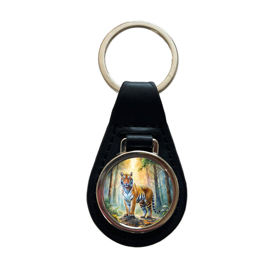 Majestic Tiger Standing In Forest Watercolor Black Leather Metal Keychain