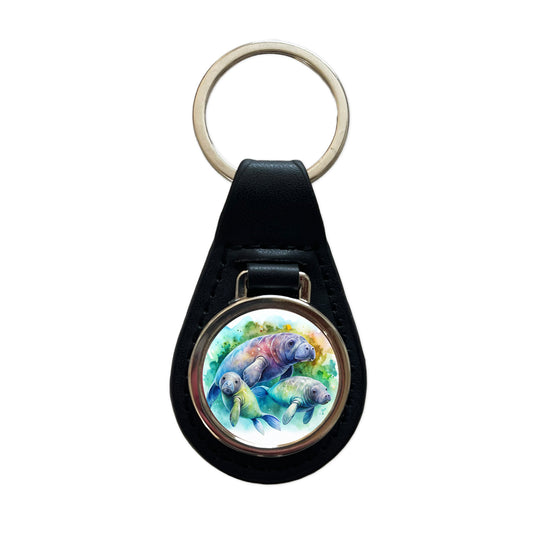 Manatees Family Watercolor Black Leather Metal Keychain