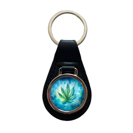 Marijuana Leaf on Blue Background Watercolor Black Leather Metal Keychain