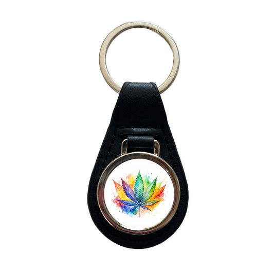 Marijuana Leaf Rainbow Watercolor Black Leather Metal Keychain