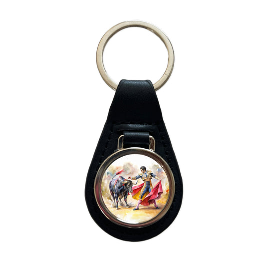 Matador And Bull Fighting In Ring Watercolor Black Leather Metal Keychain
