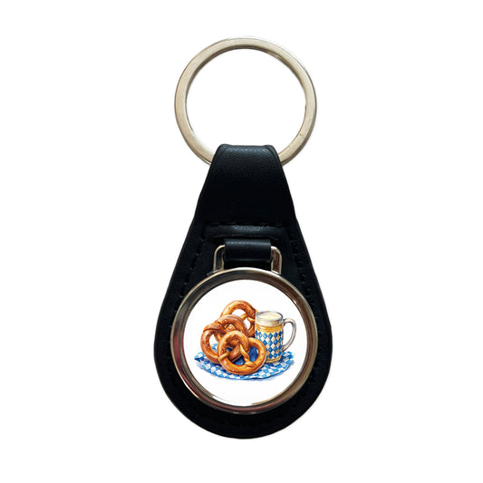 Oktoberfest German Pretzels Watercolor Black Leather Metal Keychain