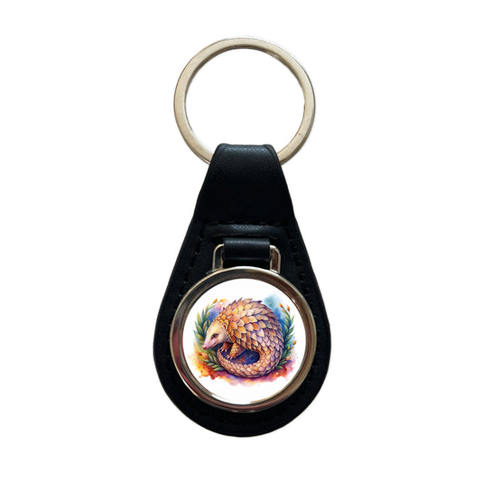 Pangolin Watercolor Black Leather Metal Keychain